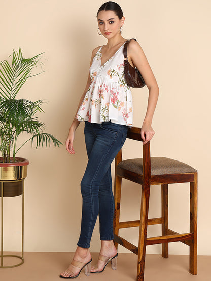 White Floral V-Neck  Peplum Top