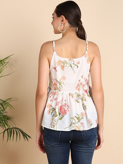White Floral V-Neck  Peplum Top