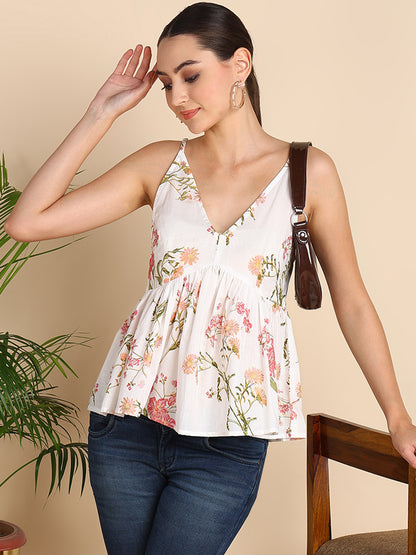 White Floral V-Neck  Peplum Top