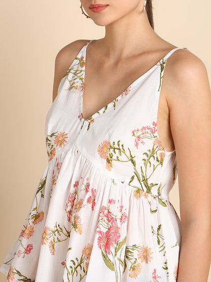 White Floral V-Neck  Peplum Top