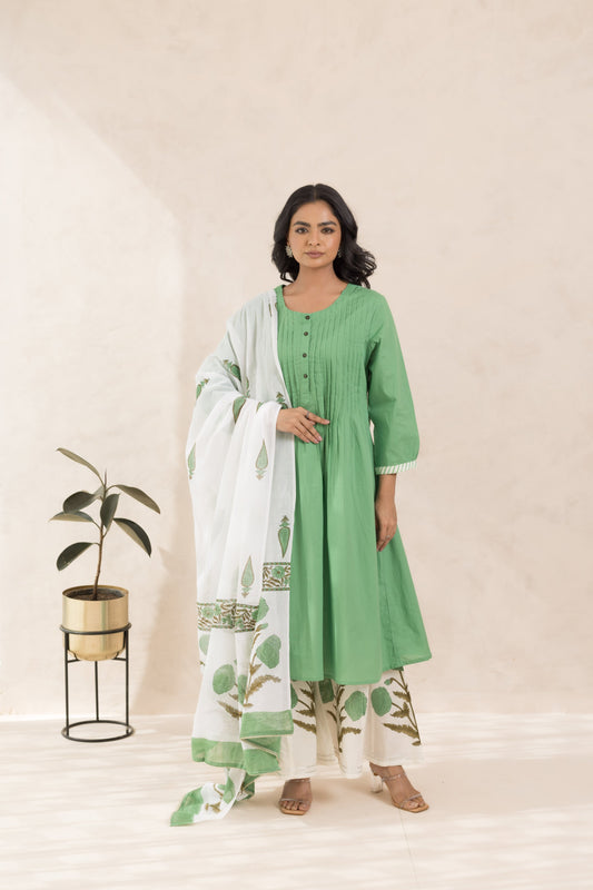 Aam Panna Kurta Set with Hand Block Printed Dupatta & Palazzo