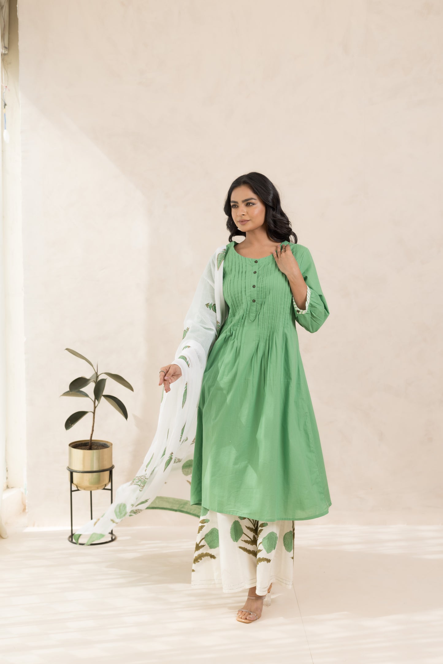 Aam Panna Kurta Set with Hand Block Printed Dupatta & Palazzo
