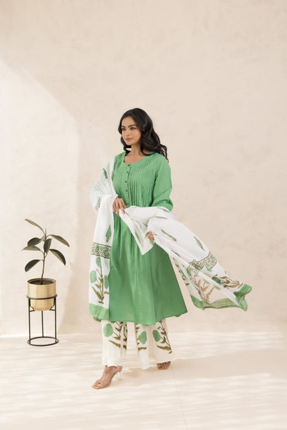 Aam Panna Kurta Set with Hand Block Printed Dupatta & Palazzo