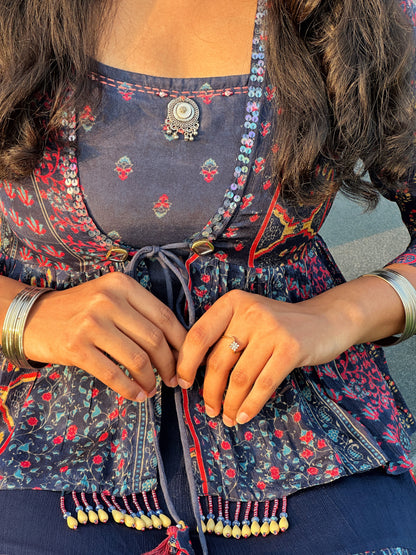 Deep blue skirt set with top and shrug (set of 3)