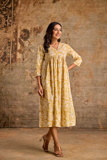 Mustard Yellow Floral Print Anarkali Kurta