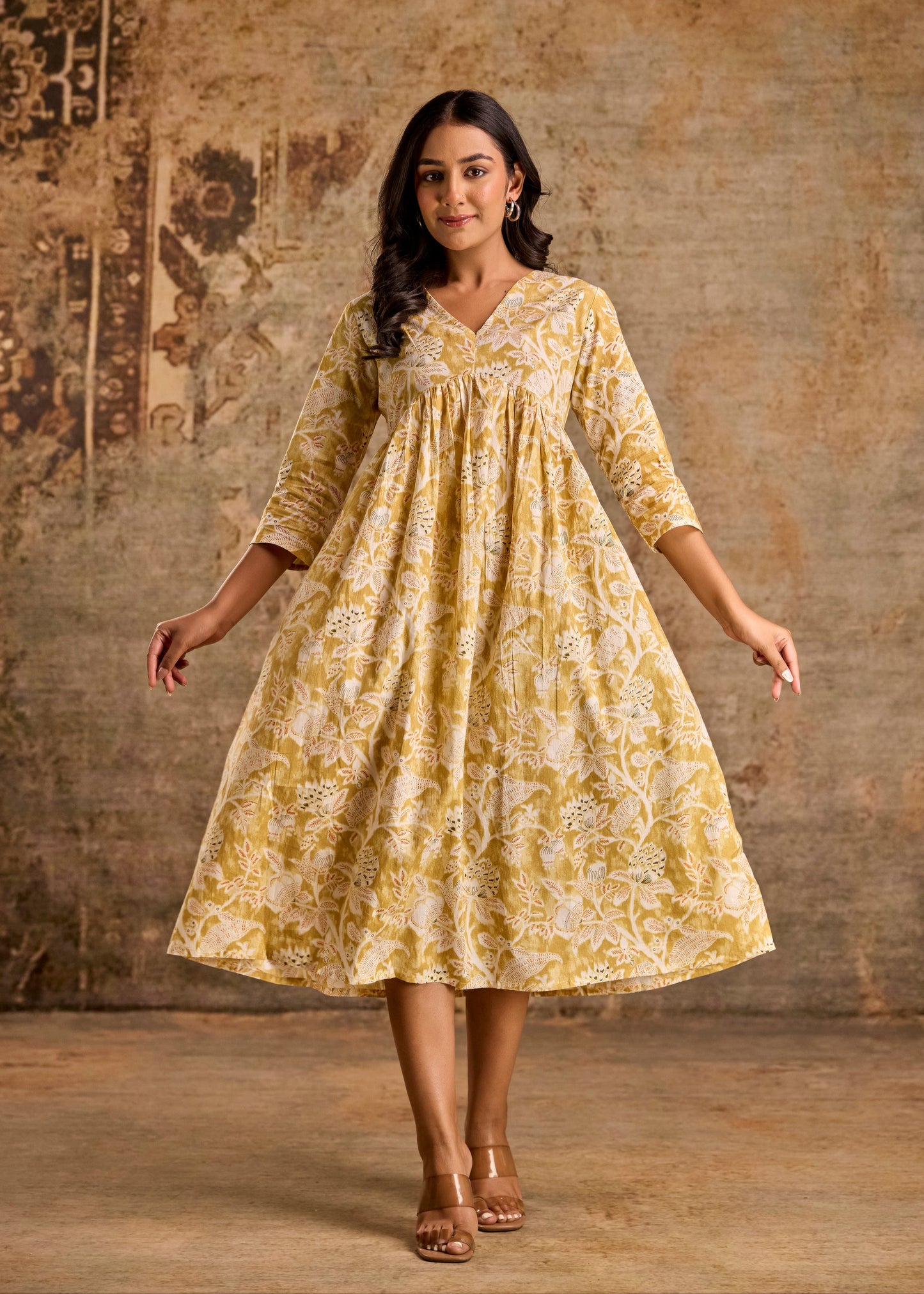 Mustard Yellow Floral Print Anarkali Kurta