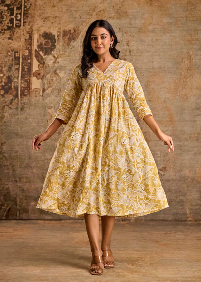 Mustard Yellow Floral Print Anarkali Kurta