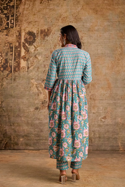 Icy Teal Cotton Kurta Set with Pant & Dupatta.