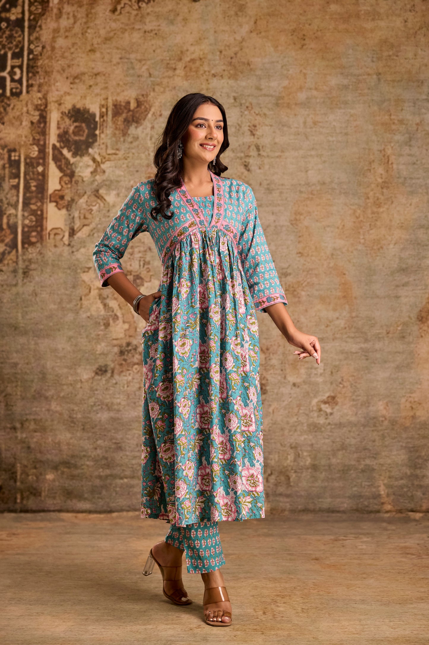 Icy Teal Cotton Kurta Set with Pant & Dupatta.