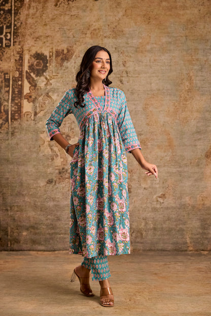Icy Teal Cotton Kurta Set with Pant & Dupatta.