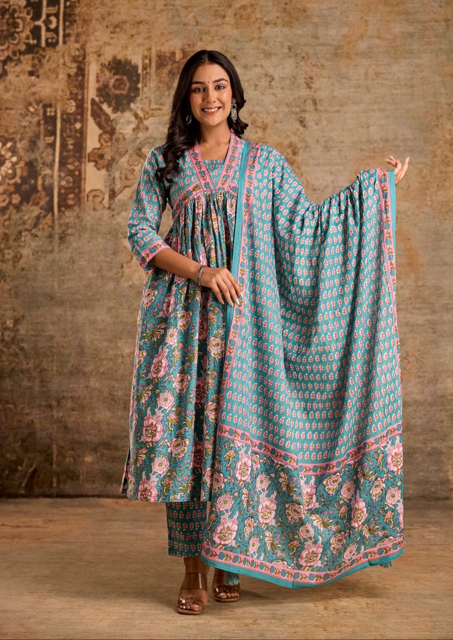 Icy Teal Cotton Kurta Set with Pant & Dupatta.