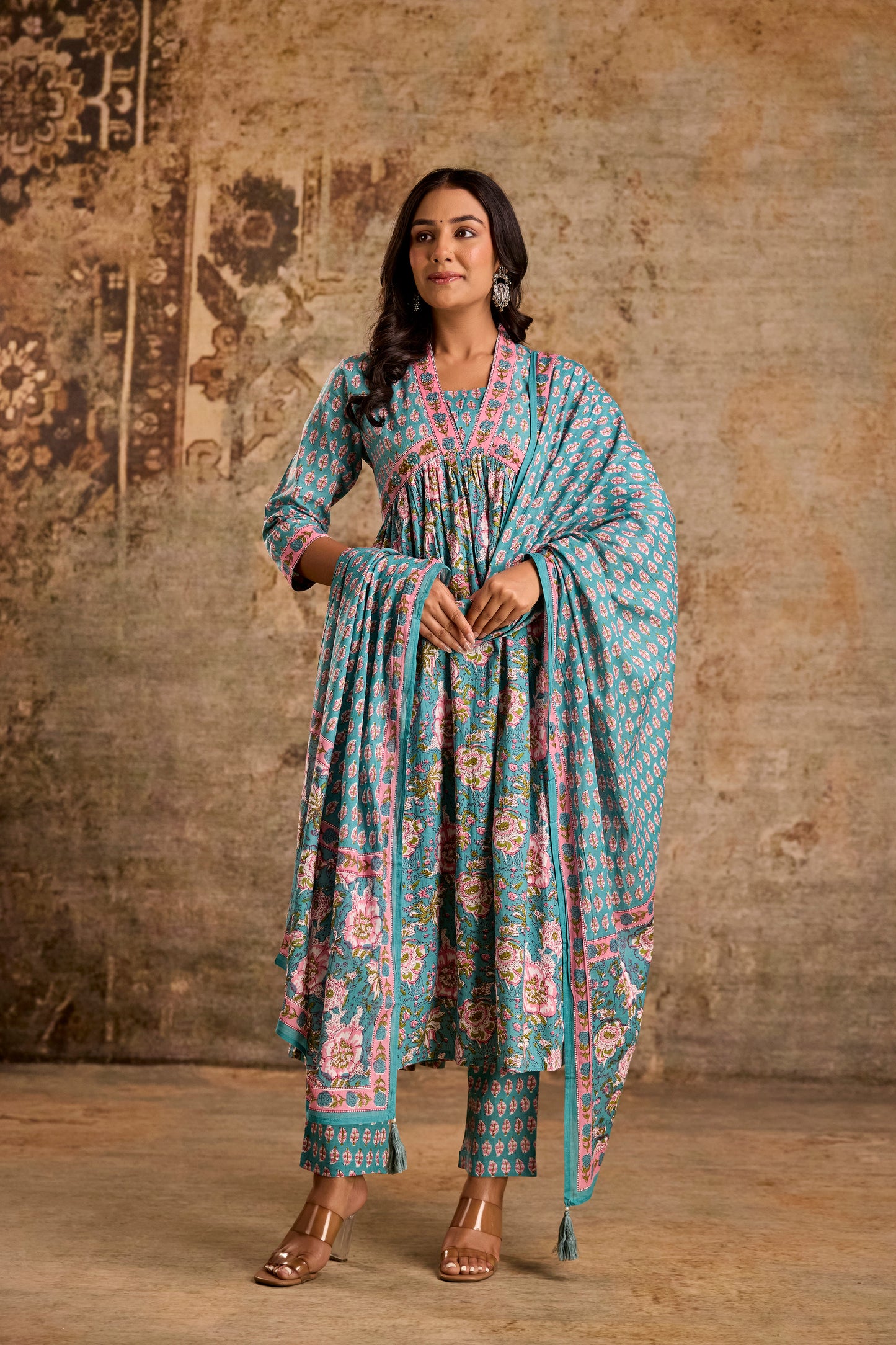 Icy Teal Cotton Kurta Set with Pant & Dupatta.