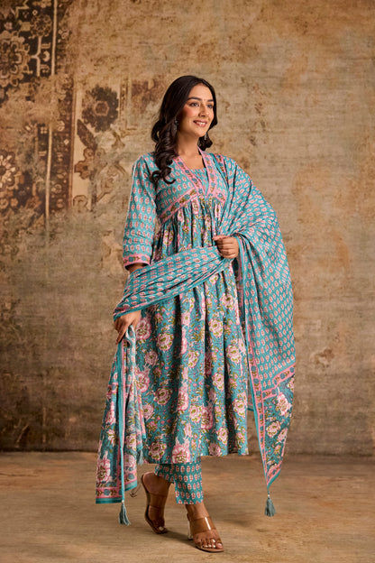 Icy Teal Cotton Kurta Set with Pant & Dupatta.