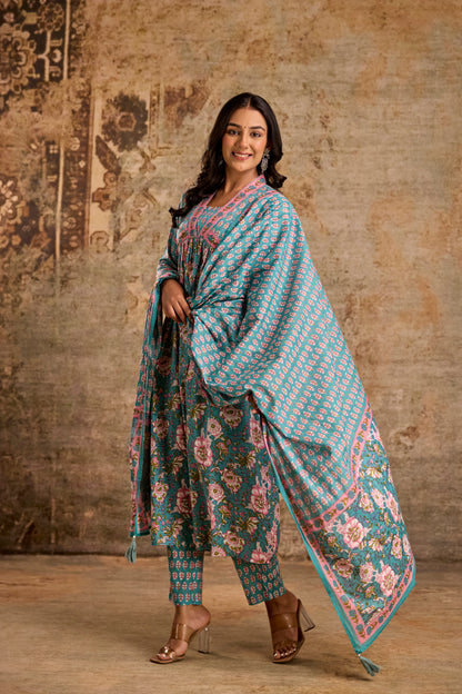 Icy Teal Cotton Kurta Set with Pant & Dupatta.