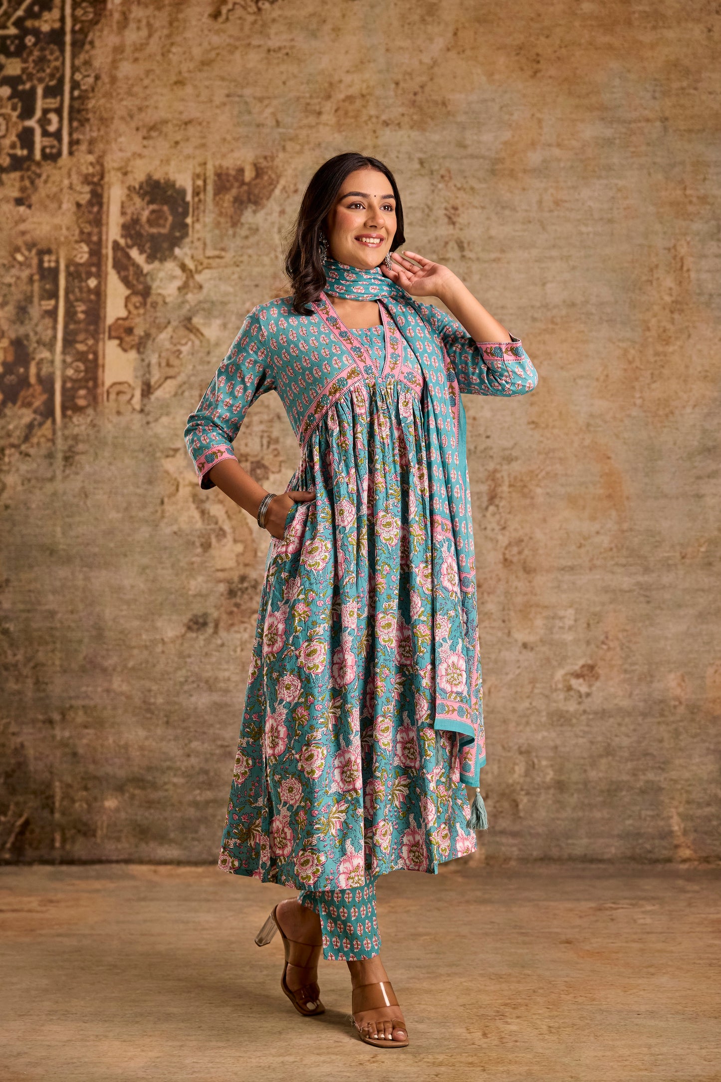 Icy Teal Cotton Kurta Set with Pant & Dupatta.