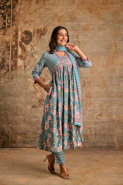 Icy Teal Cotton Kurta Set with Pant & Dupatta.