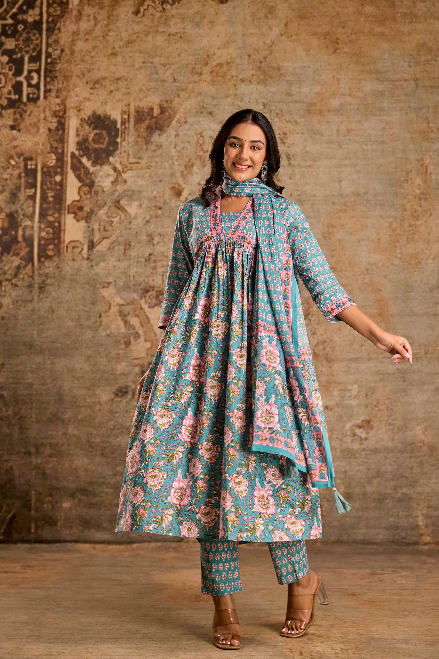 Icy Teal Cotton Kurta Set with Pant & Dupatta.