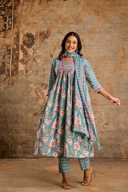 Icy Teal Cotton Kurta Set with Pant & Dupatta.
