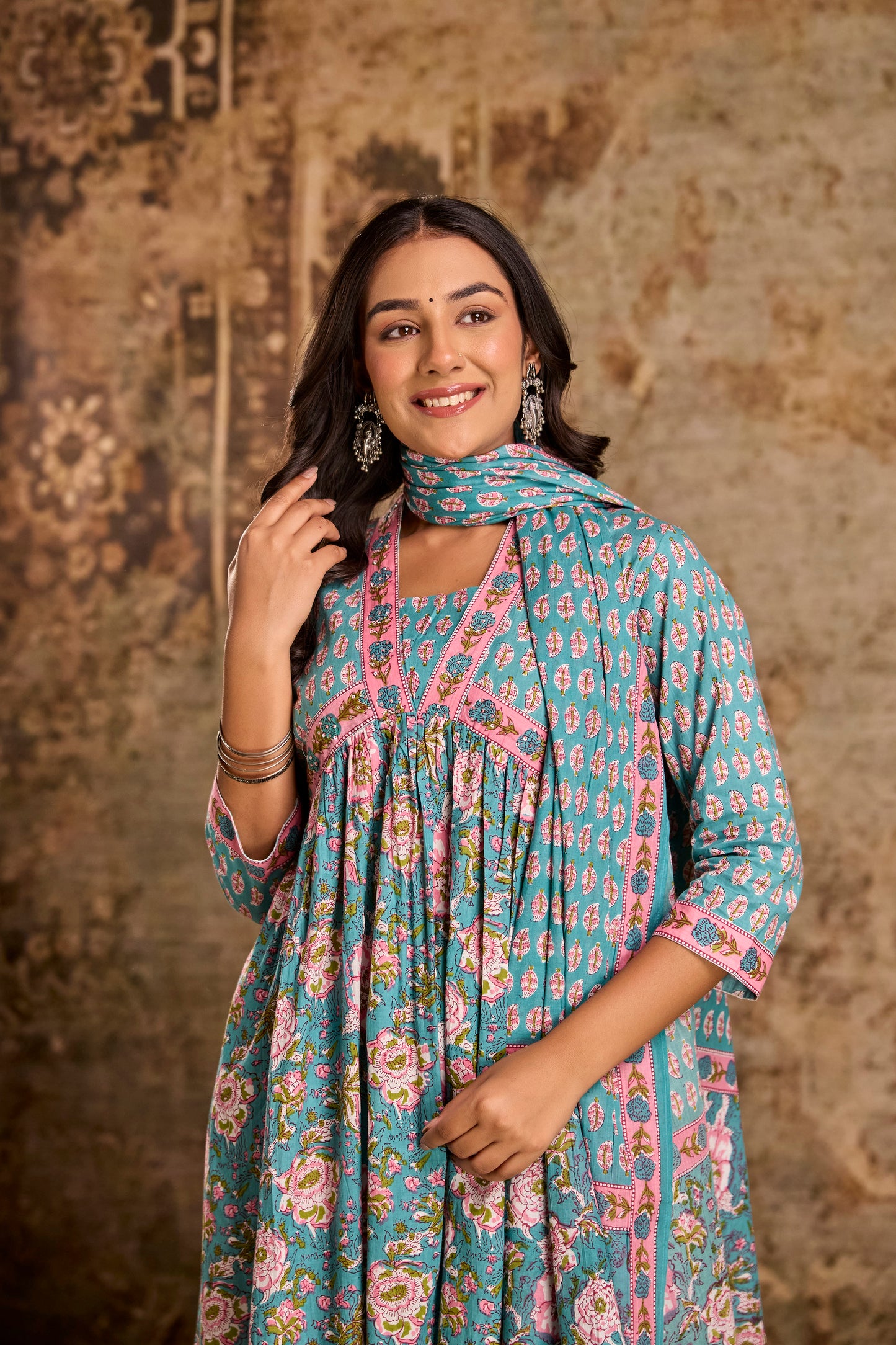 Icy Teal Cotton Kurta Set with Pant & Dupatta.