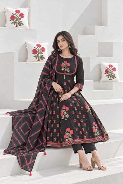 Raatrani Handblock Printed Anarkali with Pant & Dupatta