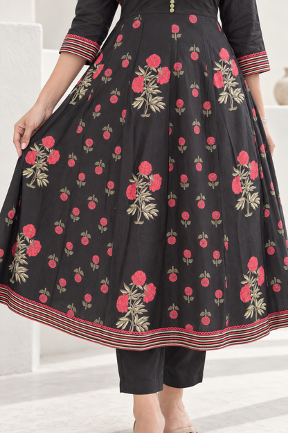 Raatrani Handblock Printed Anarkali with Pant & Dupatta