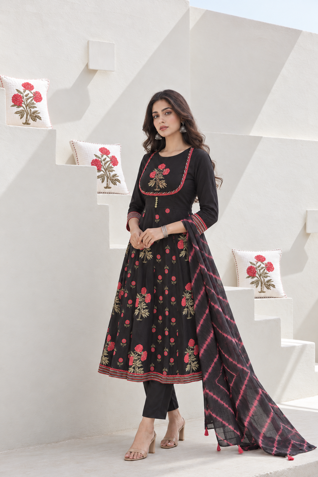 Raatrani Handblock Printed Anarkali with Pant & Dupatta