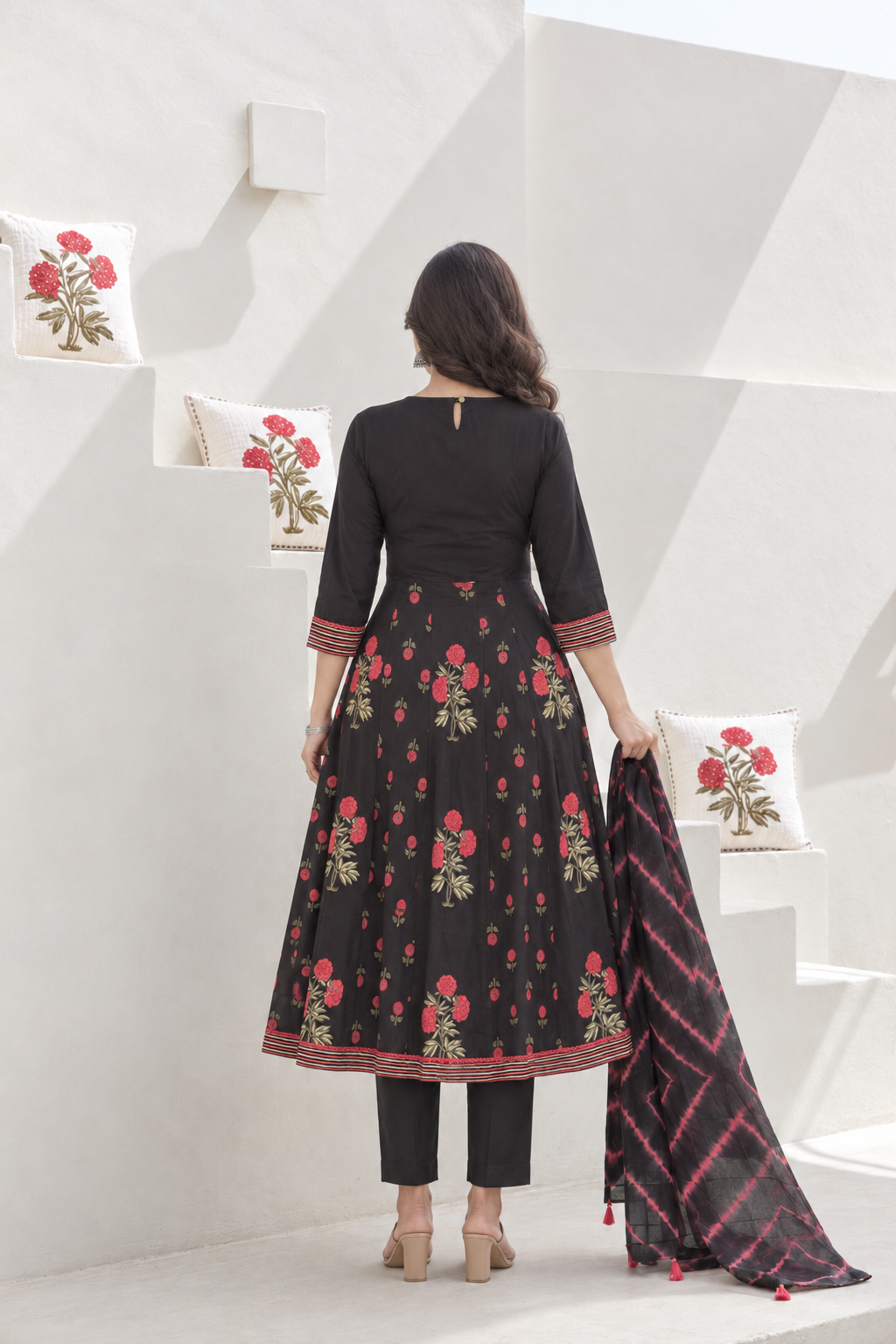 Raatrani Handblock Printed Anarkali with Pant & Dupatta