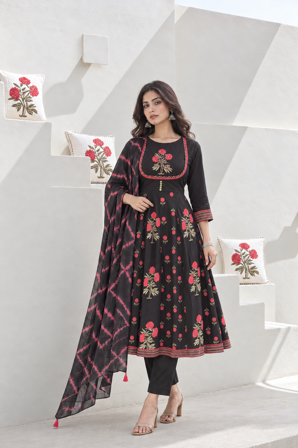 Raatrani Handblock Printed Anarkali with Pant & Dupatta