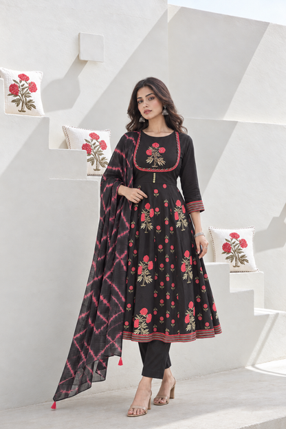 Raatrani Handblock Printed Anarkali with Pant & Dupatta