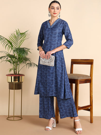 Indigo Blue V Neck Kurta with Palazzo