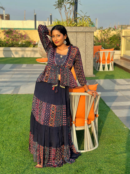 Deep blue skirt set with top and shrug (set of 3)