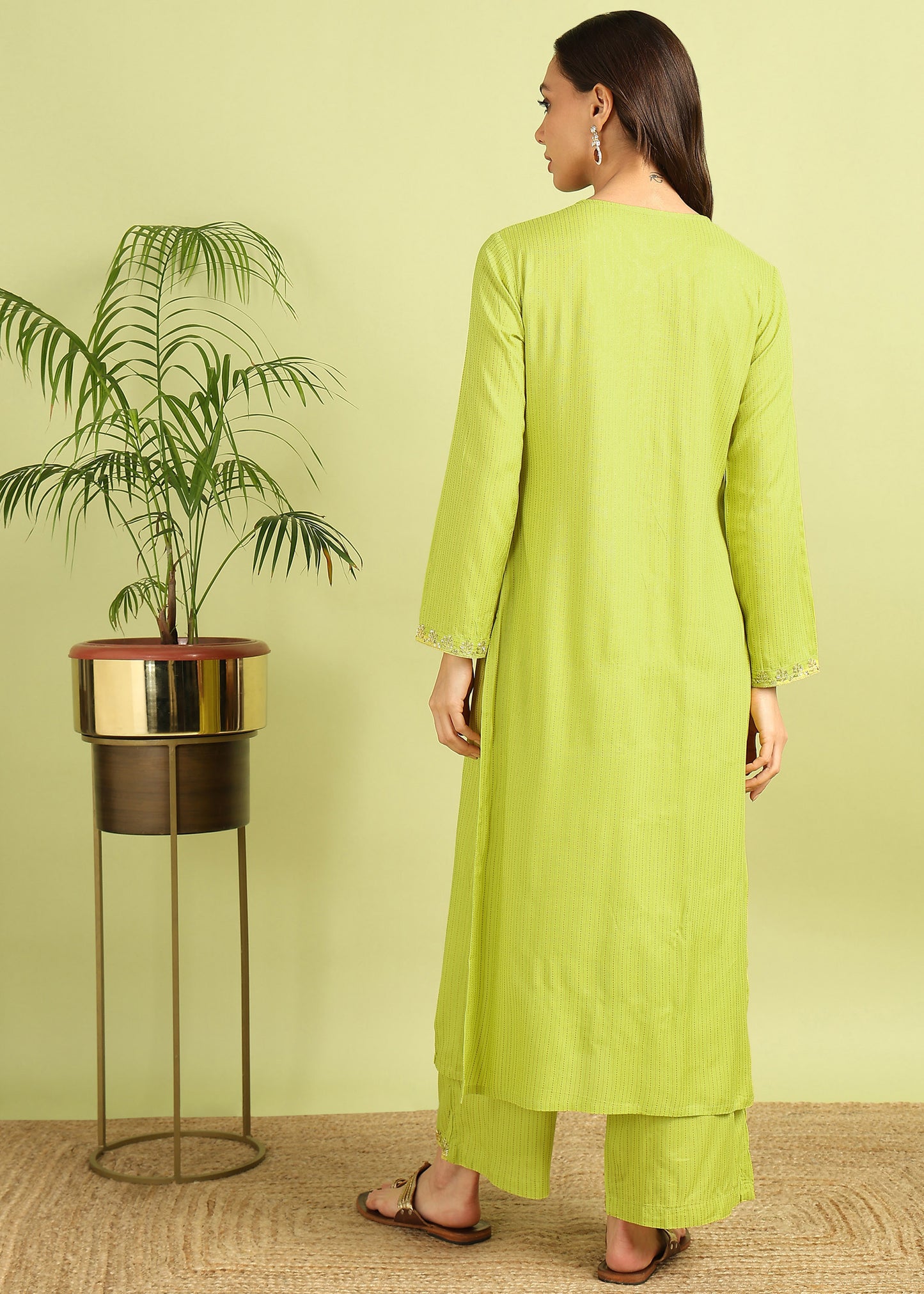 Pea Green Striped Kurta with palazzo