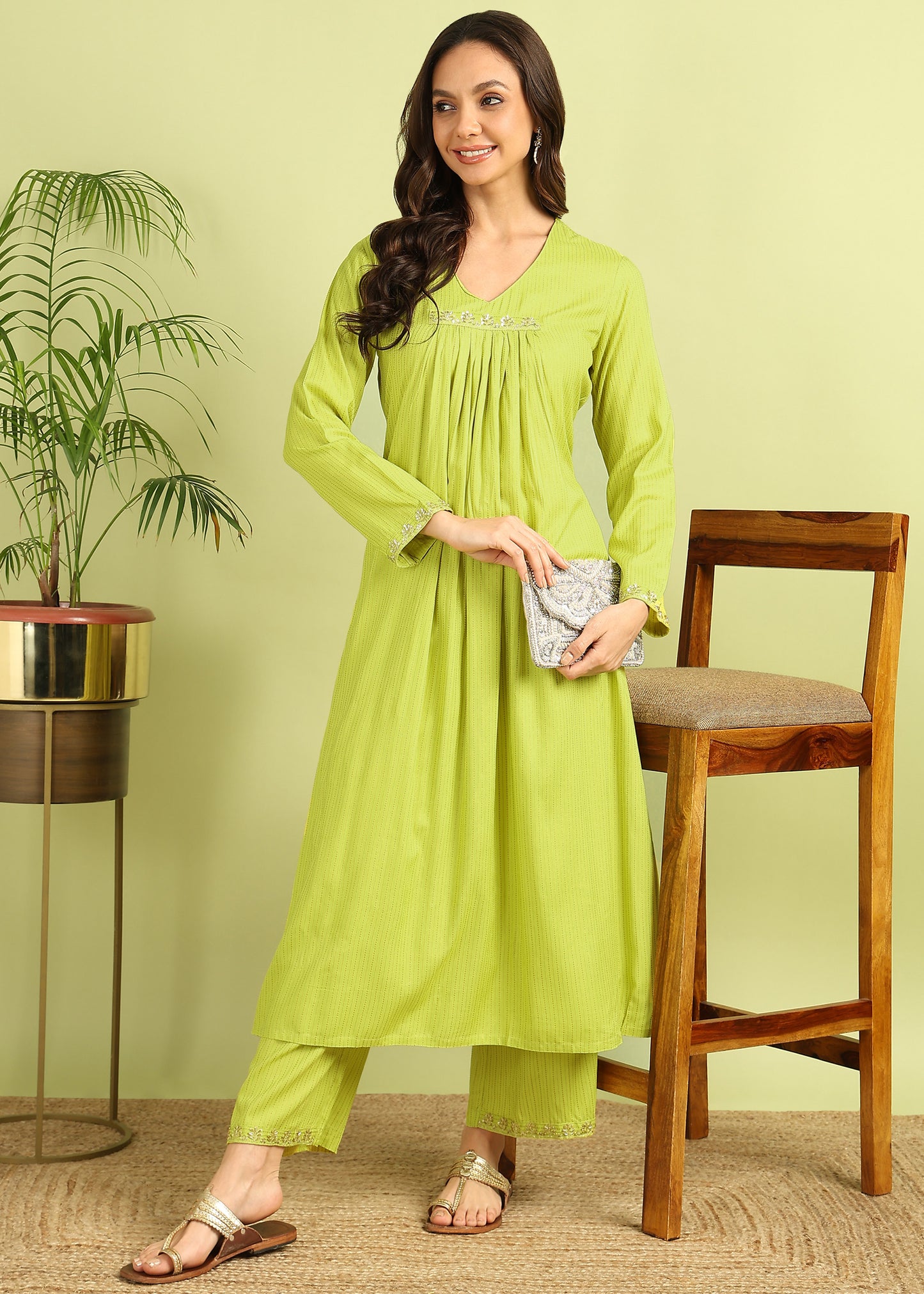 Pea Green Striped Kurta with palazzo