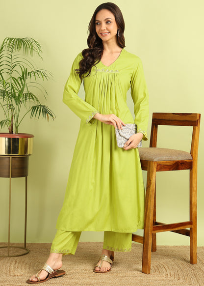 Pea Green Striped Kurta with palazzo