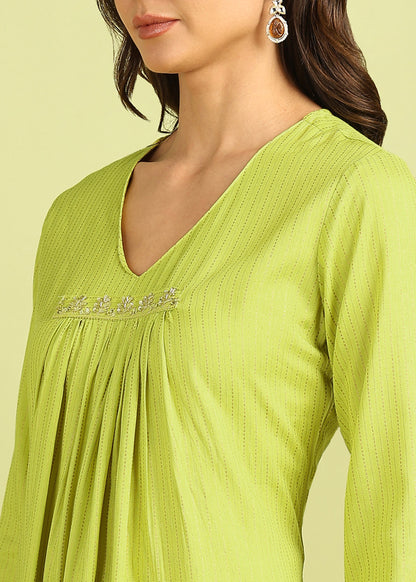 Pea Green Striped Kurta with palazzo