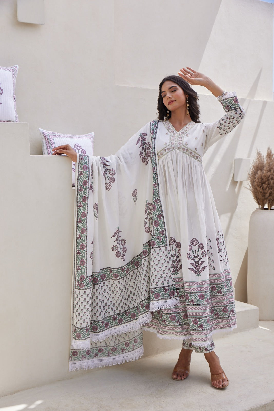 White Hand Block Printed Anarkali Set