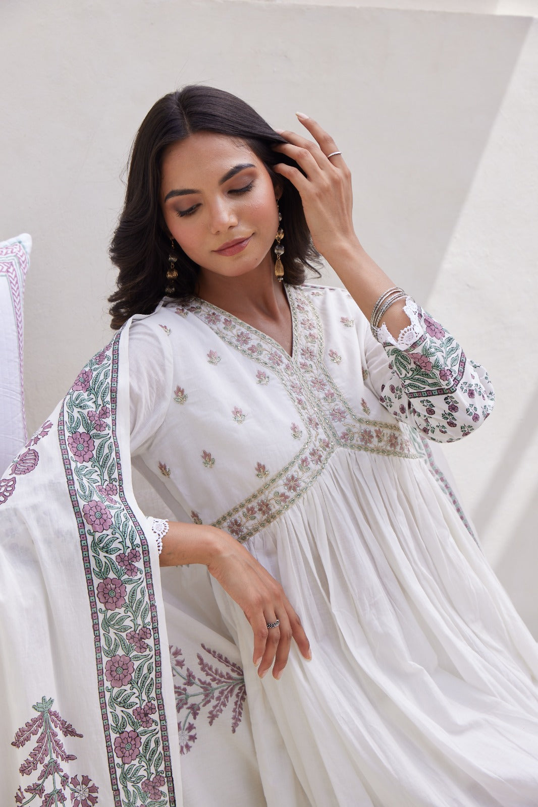 White Hand Block Printed Anarkali Set