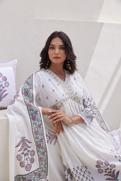 White Hand Block Printed Anarkali Set