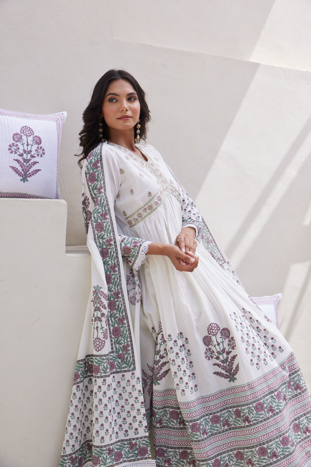 White Hand Block Printed Anarkali Set