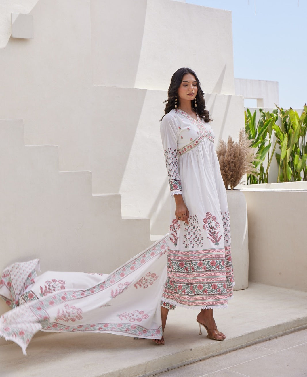 White & Pink Hand Block Printed Anarkali Set