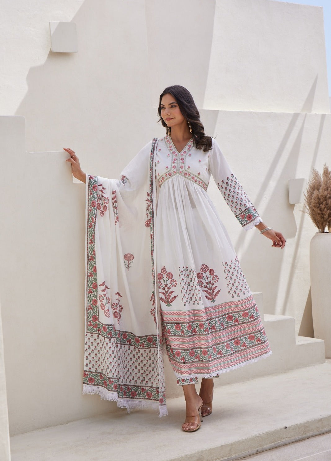 White & Pink Hand Block Printed Anarkali Set