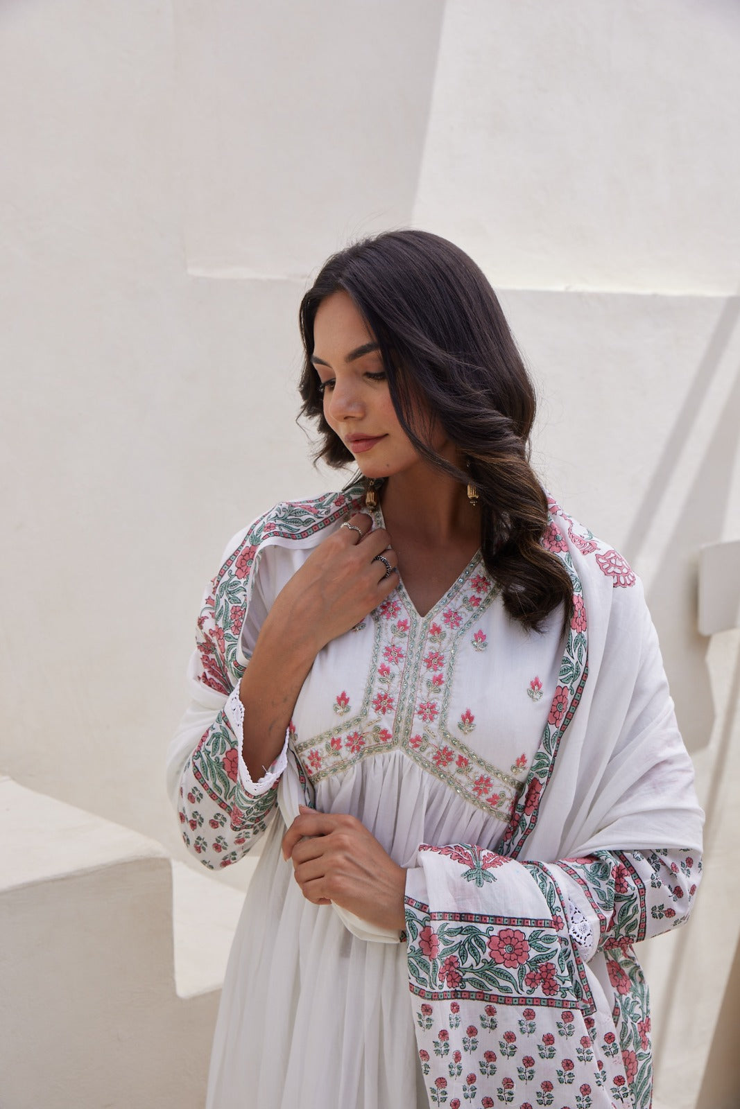 White & Pink Hand Block Printed Anarkali Set