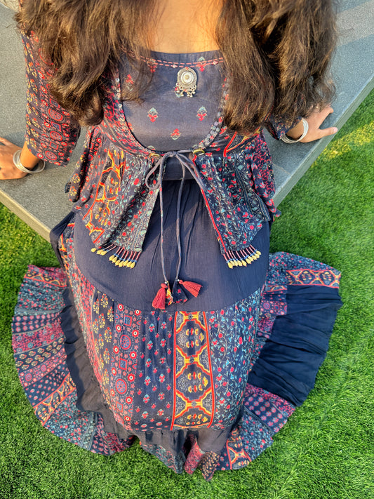 Deep blue skirt set with top and shrug (set of 3)