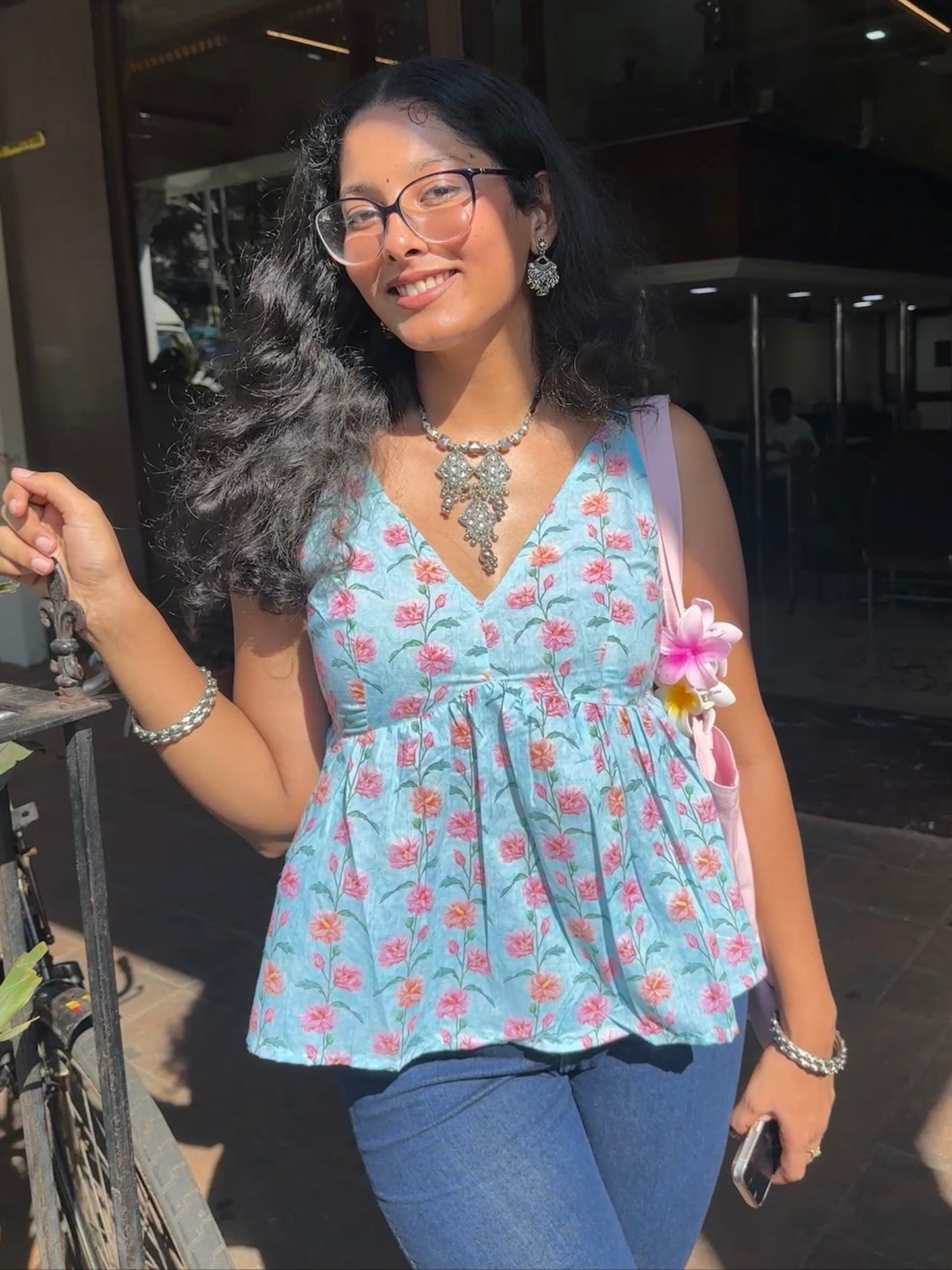 Blue Floral V-Neck Peplum Top