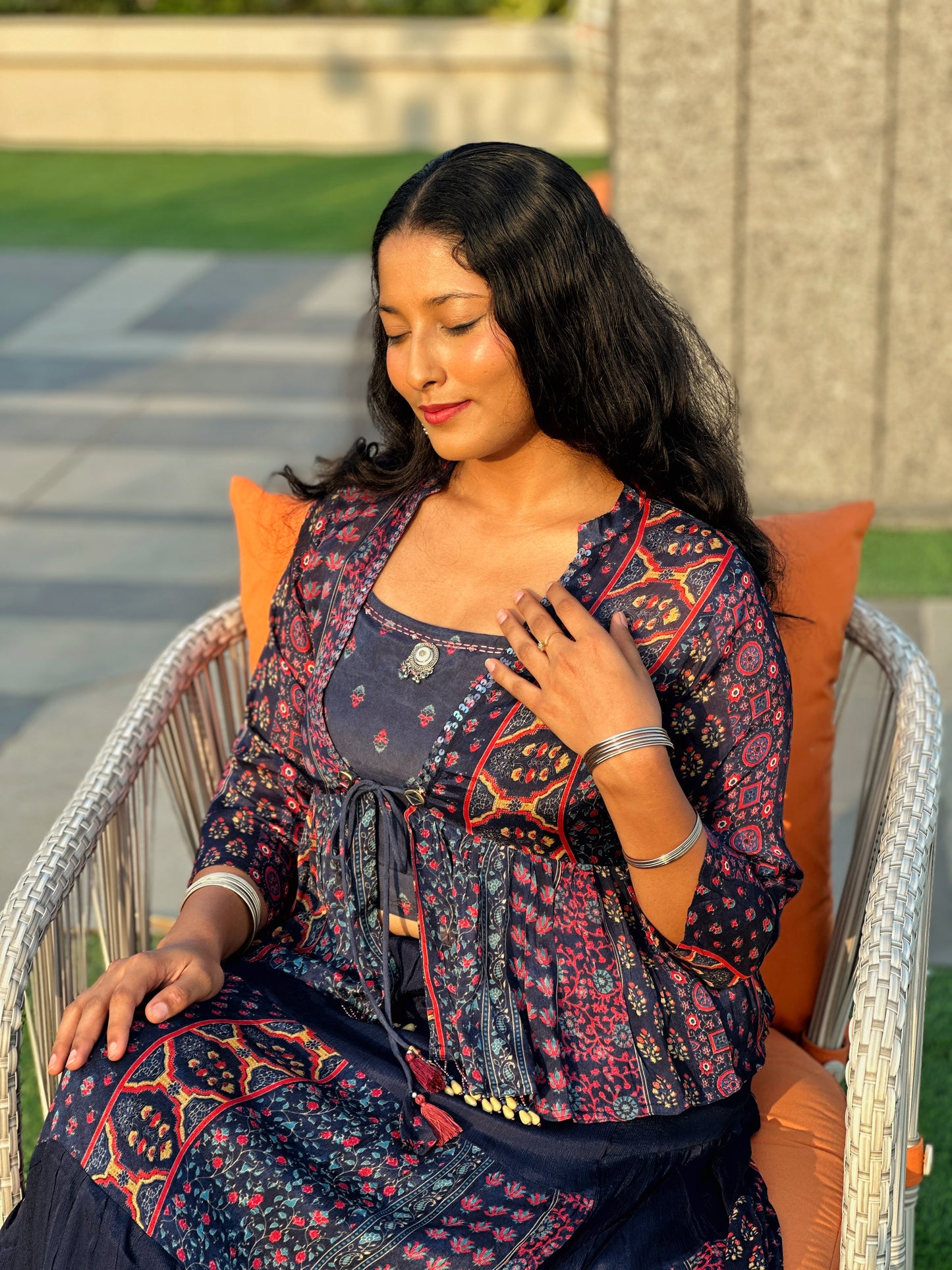 Deep blue skirt set with top and shrug (set of 3)