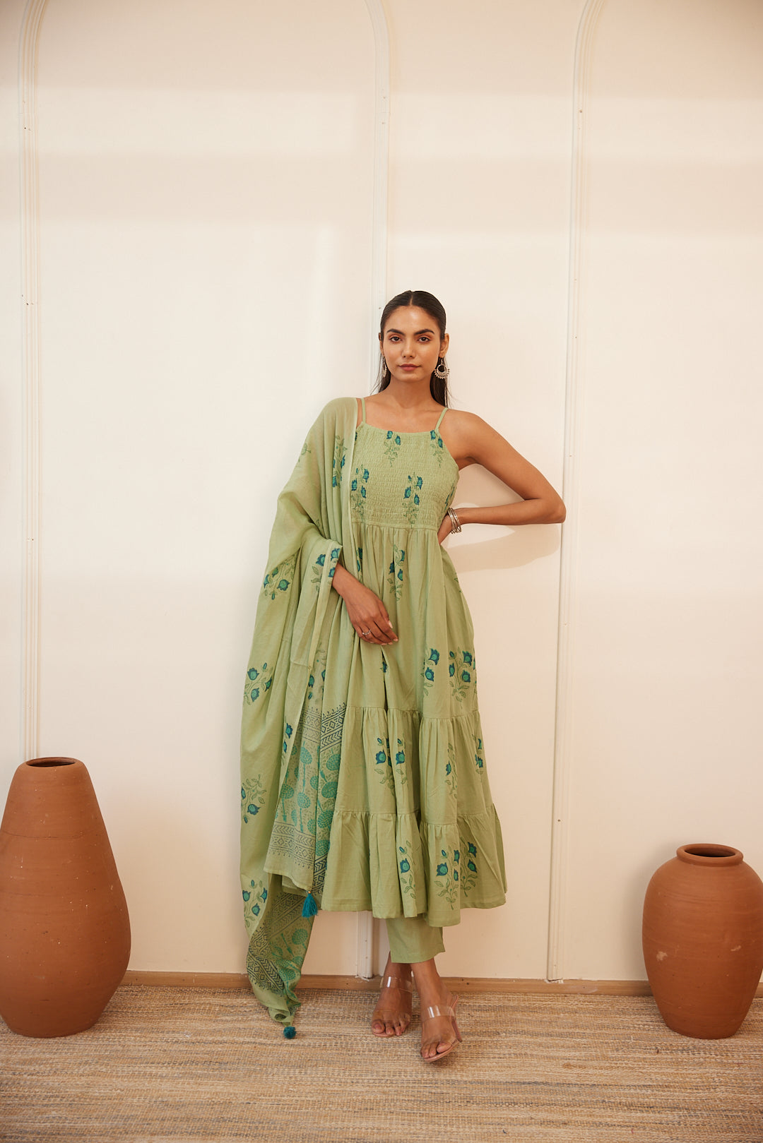 Pista Gul Handblock Printed Dress with Pajama & Dupatta