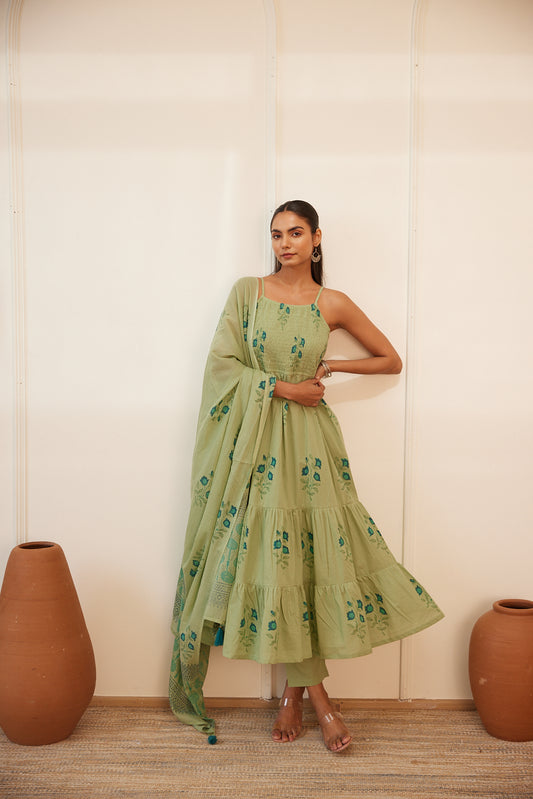 Pista Gul Handblock Printed Dress with Pajama & Dupatta