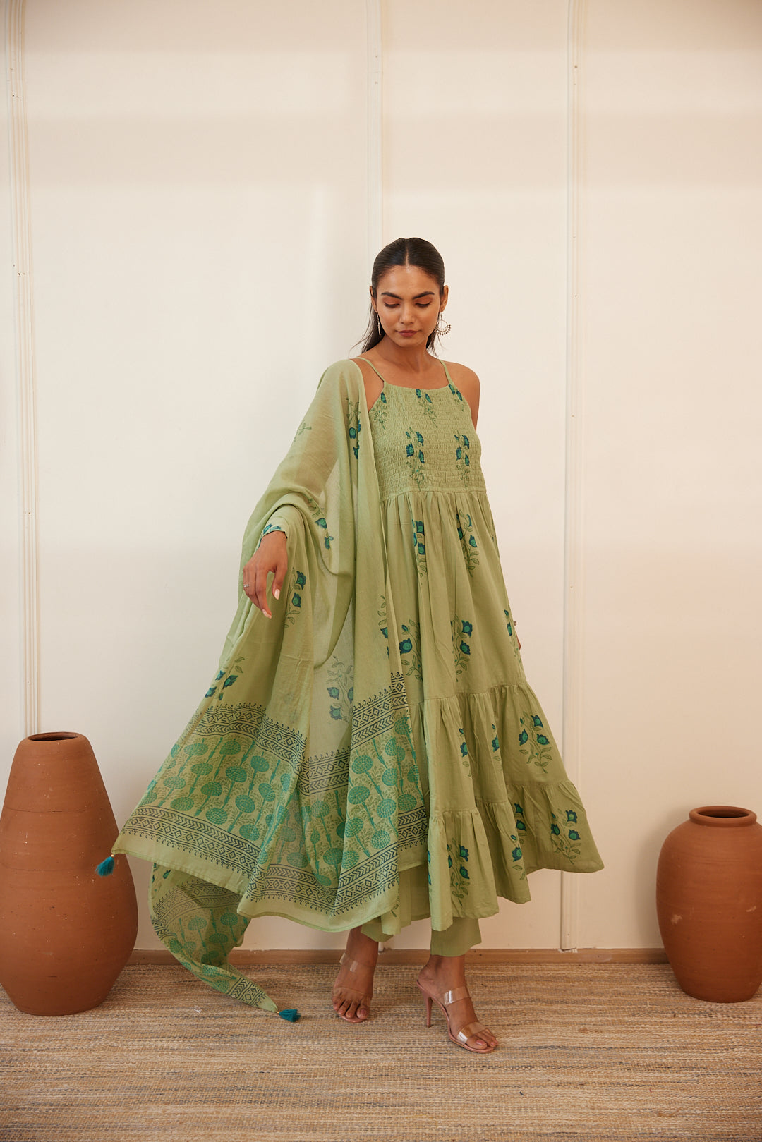 Pista Gul Handblock Printed Dress with Pajama & Dupatta