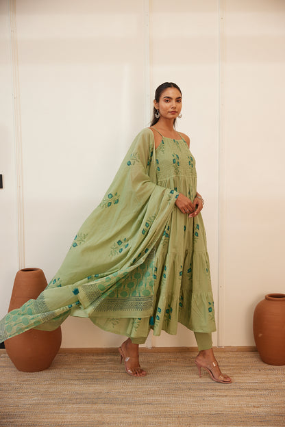 Pista Gul Handblock Printed Dress with Pajama & Dupatta