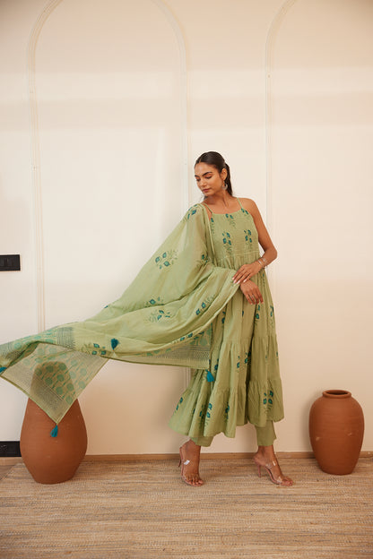 Pista Gul Handblock Printed Dress with Pajama & Dupatta